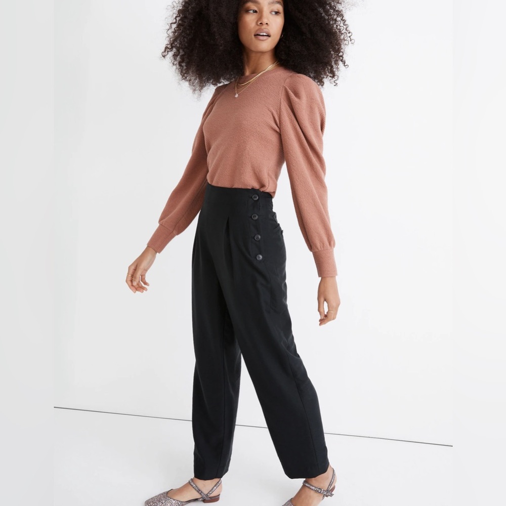 Madewell Side Button Tapered Crop Pants Black Size 6‎ Pleated High Rise Tencel